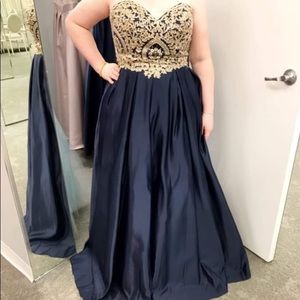 Navy Blue and Gold Strapless Prom Dress Size 18
